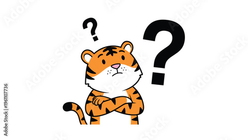 Adorable cartoon tiger character looking confused and thoughtful with large black question marks floating above its head on white.