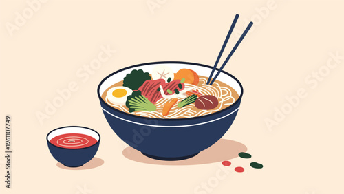 Rich bowl of traditional ramen noodles topped with egg, meat, and vegetables served with chopsticks and a side sauce dish.