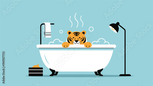 Cute tiger relaxing in a white clawfoot bathtub filled with soap bubbles under a lamp in a cozy bathroom setting.