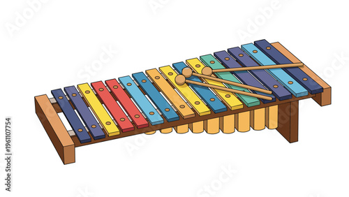 Multi-colored wooden xylophone with two mallets placed on top of the bars for musical education and children's play concepts.