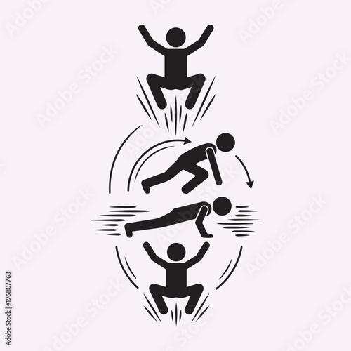Stick Figure Doing Burpees HIIT High Intensity Training Concept Motion Lines Minimal Black Vector Silhouette Illustration