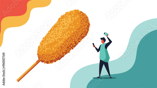 Giant crispy corn dog on a stick with a person holding a camera nearby against a colorful abstract wave background for food blogging.