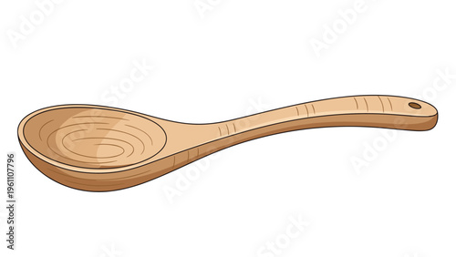Large traditional wooden rice scoop or ladle with a smooth curved handle and wide bowl, perfect for cooking and kitchen equipment themes.