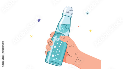 Human hand holding a bottle of sparkling blue soda with a marble stopper, representing traditional japanese ramune refreshment drinks.