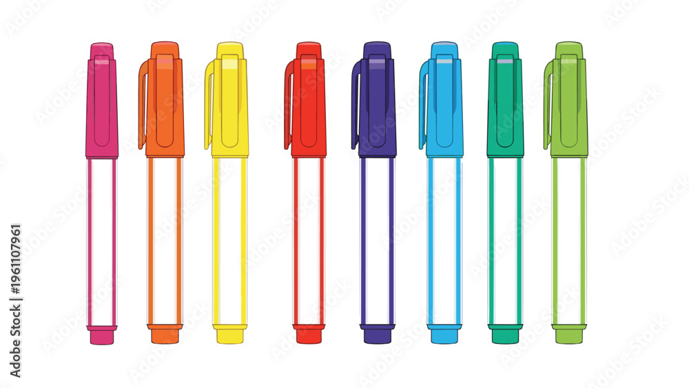 Fototapeta premium Organized row of nine vibrant marker pens in a spectrum of colors including pink, orange, yellow, red, purple, blue, and green.