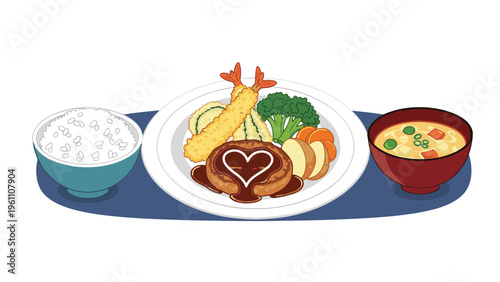 Japanese set meal including a hamburger steak with heart shaped sauce, shrimp tempura, bowl of rice, and miso soup on a dark tray.