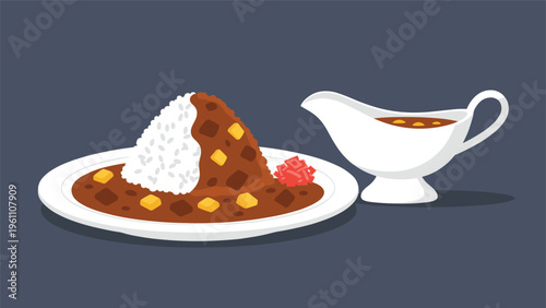 Plate of japanese curry rice with a mountain of white rice and a rich brown sauce, served with a gravy boat and red pickles.