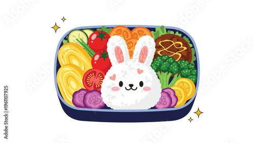 Cute bunny shaped bento box filled with rice, omelet rolls, tomatoes, broccoli, and meatballs for a fun and healthy childs meal.