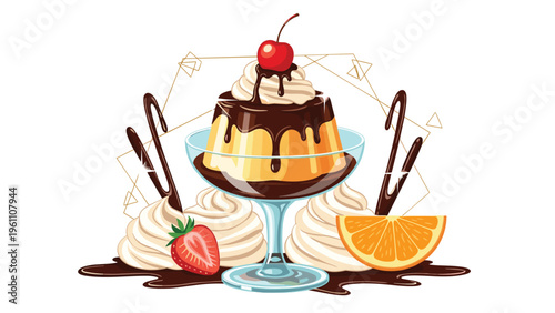 Delicious caramel custard pudding served in a glass dish with chocolate syrup, whipped cream, a cherry, and fresh fruit slices.