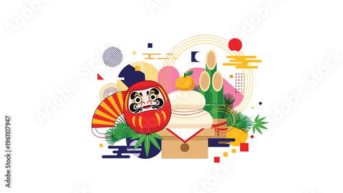 Colorful collection of traditional Japanese New Year decorations including a Daruma doll, kadomatsu, and a kagamimochi rice cake.