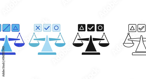 Scales with checkmarks and symbols, balance icons