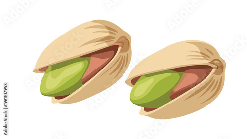 Two roasted pistachio nuts in their open shells revealing vibrant green kernels, illustrated in a clean style on a white background.