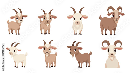 Cute collection of eight cartoon goat characters in various playful poses and natural colors, perfect for children educational material.