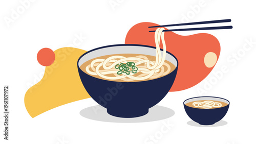 Bowl of steaming hot udon noodle soup garnished with fresh green onions being lifted by chopsticks against abstract background shapes.