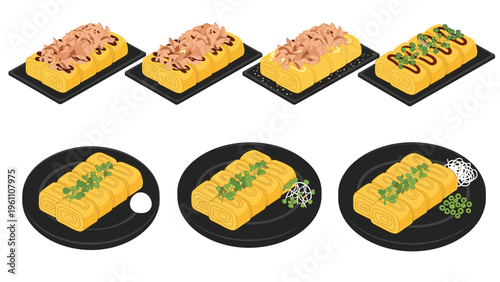 Variety of traditional Japanese rolled omelet dishes known as tamagoyaki served on small black plates with diverse gourmet toppings.