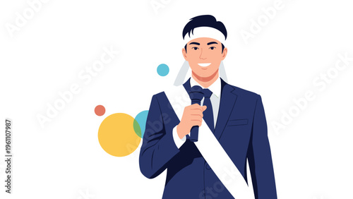 Confident young man in a formal navy suit and white headband holding a microphone, appearing to give an enthusiastic public speech.