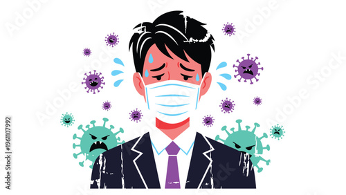 Sick businessman wearing a medical face mask looking unwell while being surrounded by various colorful virus and germ characters.