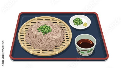 Traditional Japanese cold soba noodle set served on a bamboo strainer with dipping sauce, fresh green onions, and pungent wasabi.
