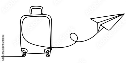 Continuous line drawing of a travel suitcase and a paper plane flying in the air Vector, illustration