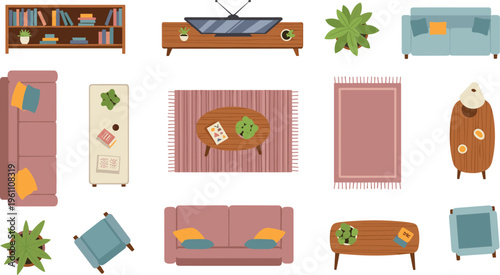 Living Room Furniture Top View Icon Set with Sofa, Coffee Table, TV Stand, Carpet, Armchair, Plants, and Home Interior Elements Vector Illustration