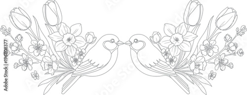 Charming black and white line art illustration featuring two adorable birds kissing amidst a vibrant bouquet of blooming spring flowers, ideal for creative coloring pages and romantic designs.