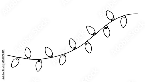 Continuous one line drawing of christmas lights decoration,  concept of holiday decor, festive season, Outline drawing of festive string lights, vector doodle illustration