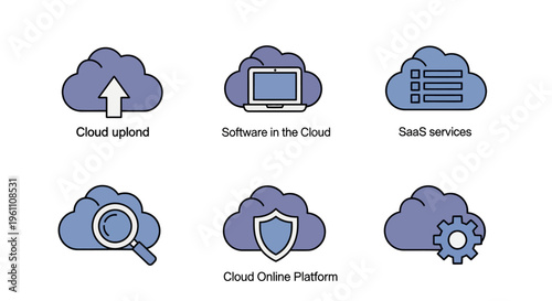 Collection of cloud computing icons representing data storage software security and online platform services with upload and search elements for