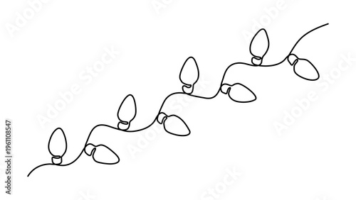 Continuous one line drawing of christmas lights decoration,  concept of holiday decor, festive season, Outline drawing of festive string lights, vector doodle illustration