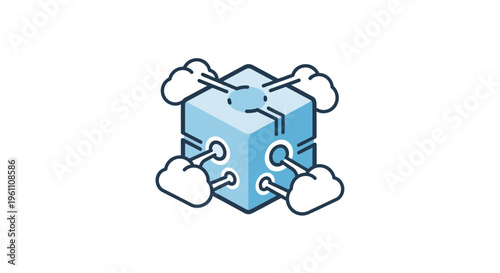Abstract cube with cloud connections on white background representing digital network and data transfer concept