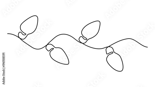 Continuous one line drawing of christmas lights decoration,  concept of holiday decor, festive season, Outline drawing of festive string lights, vector doodle illustration