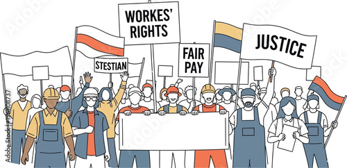 Diverse group of workers marching together holding signs demanding justice fair pay and better rights for labor movements