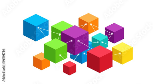 Abstract arrangement of colorful geometric cubes interconnected on a white background representing data connections and network systems for digital