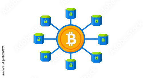 Digital Currency Network Hub Connected To Secure Data Blocks Representing Cryptocurrency Blockchain Technology Concept