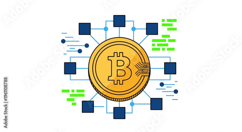Digital currency coin connected to nodes in a distributed network system illustrating decentralized finance and blockchain technology concept