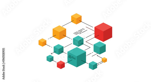 Abstract network of interconnected digital cubes representing data flow and blockchain technology concept on a white background