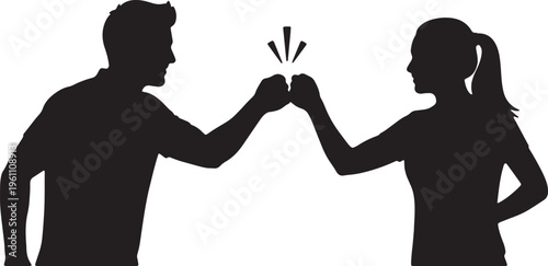 Black silhouettes, man and woman, fist bump, teamwork gesture, solidarity symbol isolated on Transparent Background