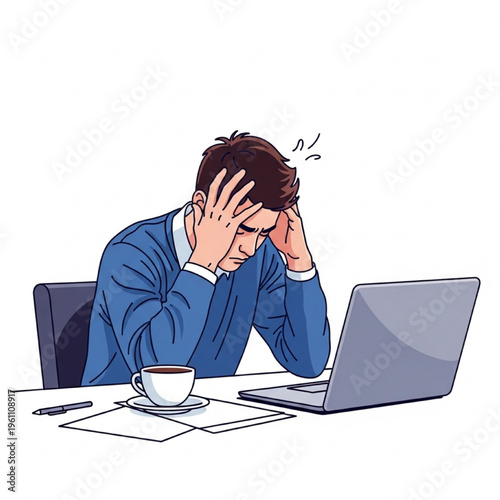 Stressed Young Adult Sitting at Desk with Laptop and Coffee Overwork Fatigue Flat Vector Illustration Isolated on White