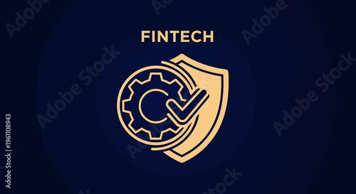 Abstract Fintech concept with a gear, checkmark, and shield on a dark blue background, representing digital safety and secure financial technology, suitable for web design and business.