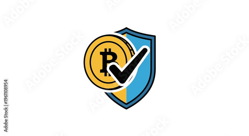 Conceptual flat design representing Bitcoin security with a shield, a checkmark symbolizing approval or validation, and the Bitcoin symbol, safeguarding digital cryptocurrency assets in a pr