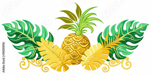 Tropical pineapple and exotic monstera leaves decorative illustration, vector