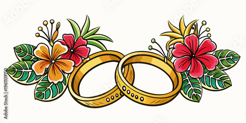 Golden wedding rings with tropical flowers and leaves, vector