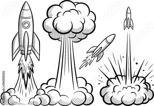 Rocket launch and explosion line art set, dynamic hand drawn ink sketches featuring missile motion smoke clouds and explosive effects in comic style illustration.
