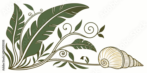 Stylized green tropical foliage with seashell design, vector