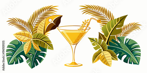 Tropical martini cocktail with exotic palm leaves illustration, vector