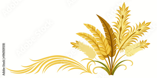 Stylized golden wheat and ornamental swirls illustration, vector