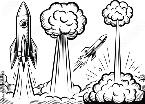 Rocket launch and explosion line art set, hand drawn comic ink style illustrations with smoke clouds missile motion and dramatic sketch effect for action design.