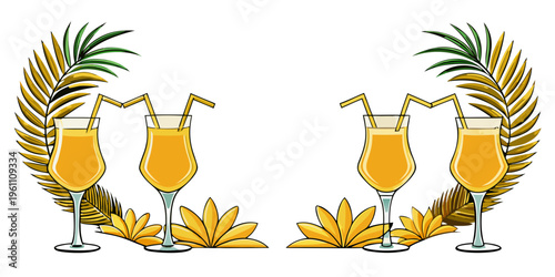 Tropical orange cocktails with exotic palm leaves, vector