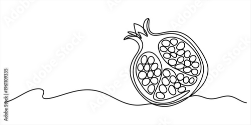 Continuous line drawing of a halved pomegranate fruit with seeds on a white background. Vector, illustration