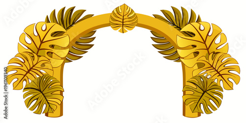Golden tropical monstera leaf decorative arch, vector