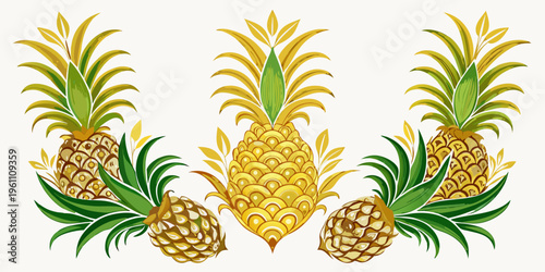 Stylized golden tropical pineapple fruit collection, vector